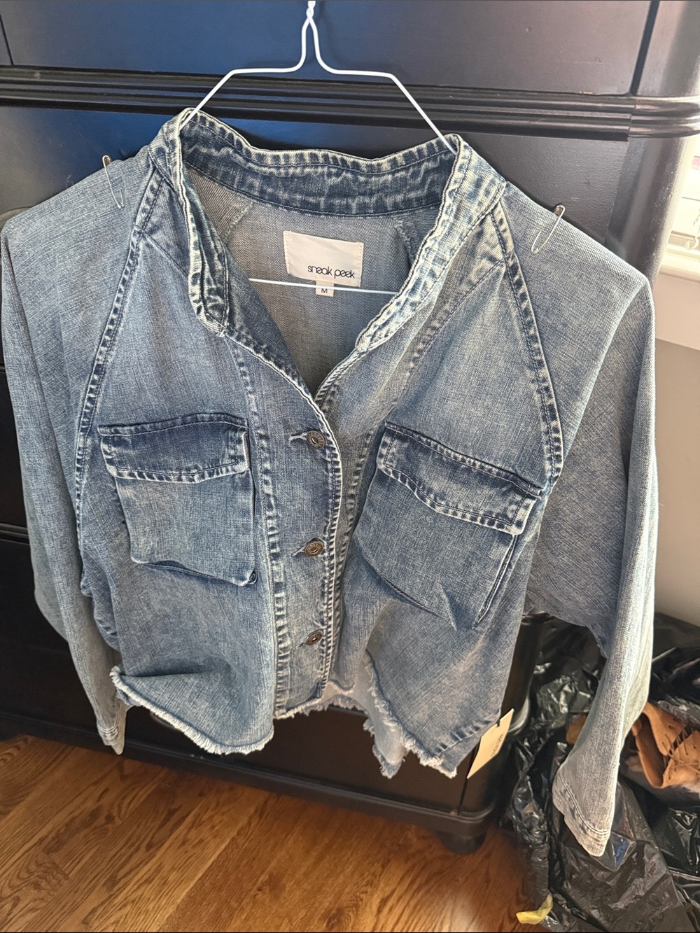 Sneak Peek Distressed Black and White Denim Jacket